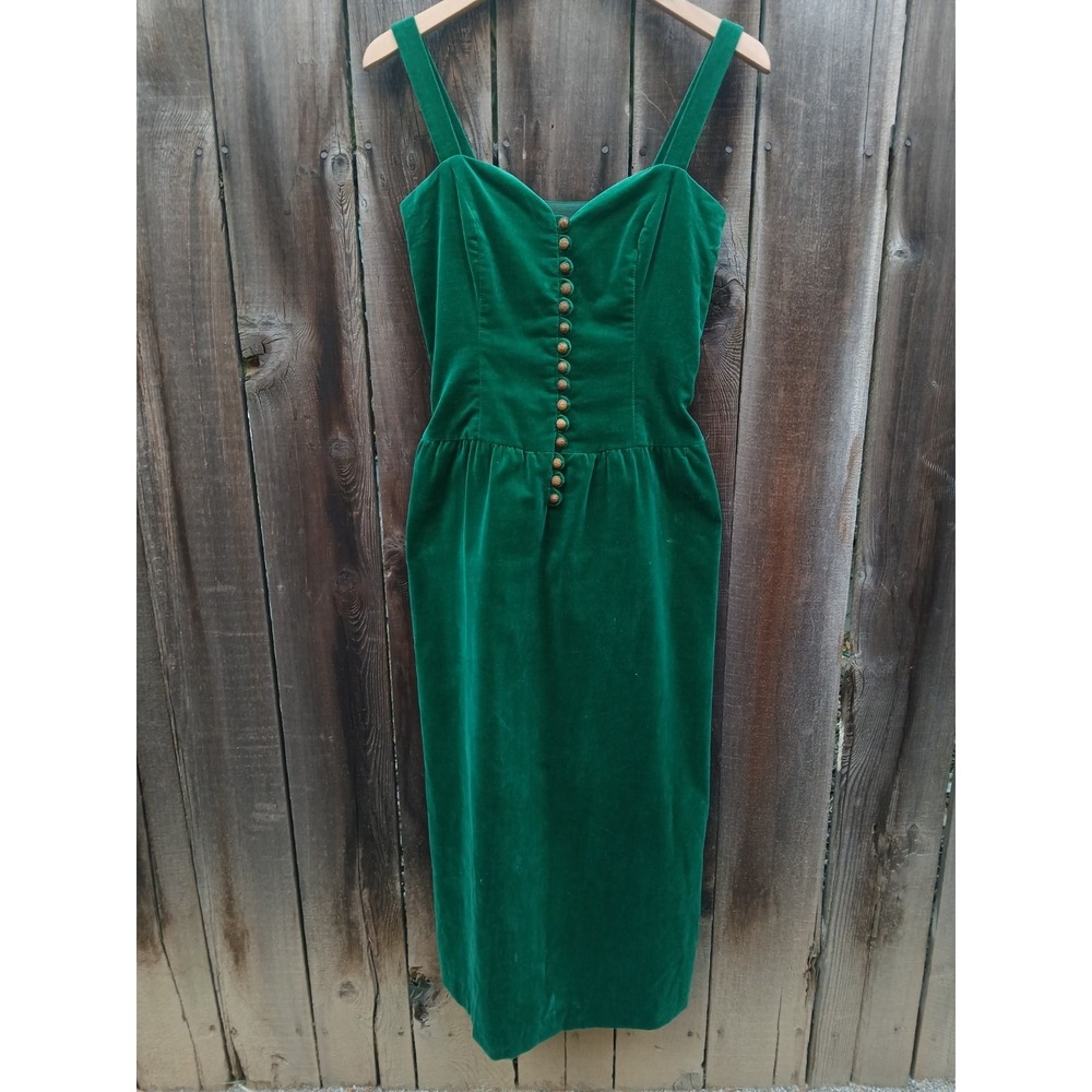 Vintage Lanz Originals Green Velvet Button Front Maxi Dress with Belt  S/ M